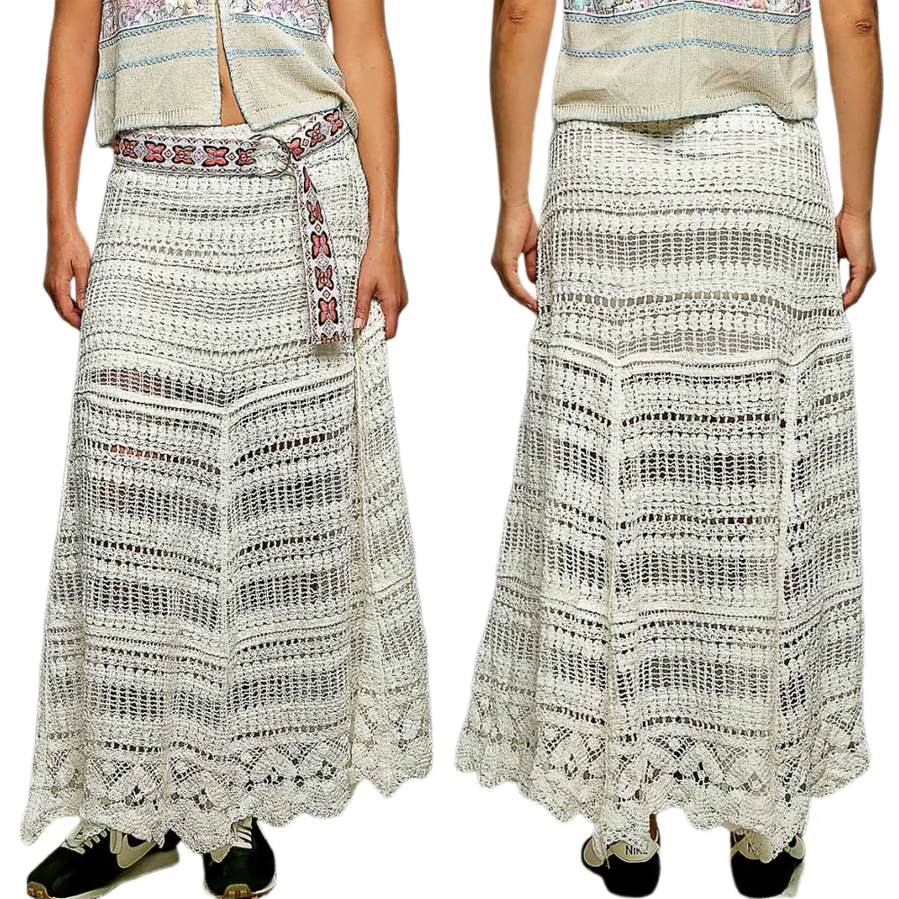 POL Openwork Boho Crochet Knit Scallop Maxi Skirt Butterfly Embroidered Belt - Picture 15 of 16